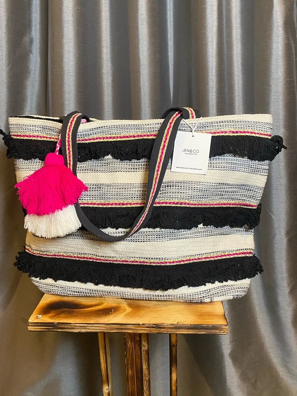 Striped Fringe Tote Bag in Black and Cream with Pink Tassel